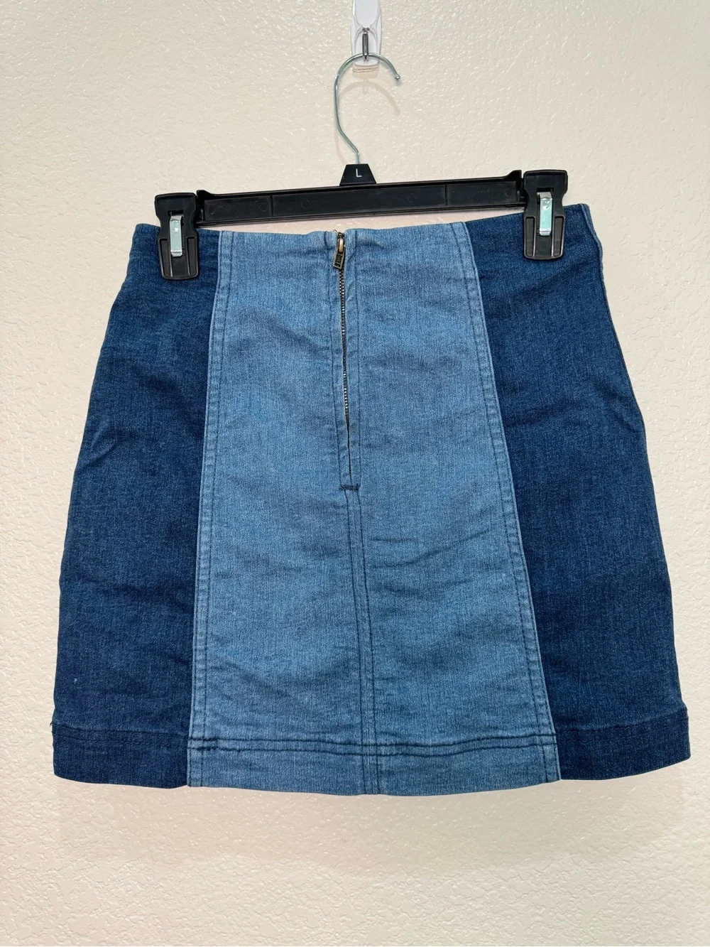 Free People Modern Femme Denim Mini Skirt 2 Two Tone Colorblock Blue Stretch